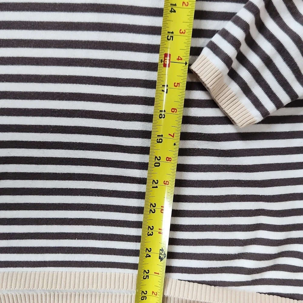 Lighter Weight 100% Cotton Sweater Dark Gray and White Stripe Tan border - Large